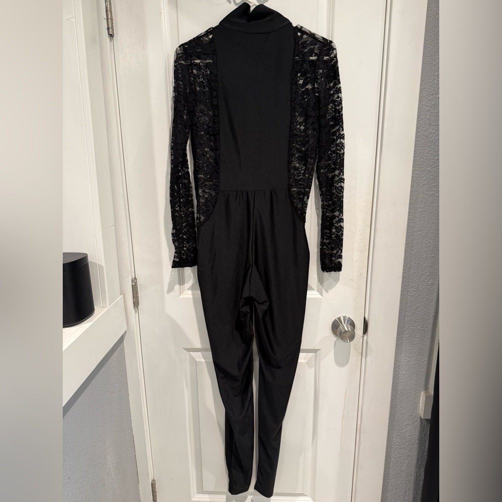 Black Satin & Lace Catsuit Jumpsuit Size L High Neck Back Zip